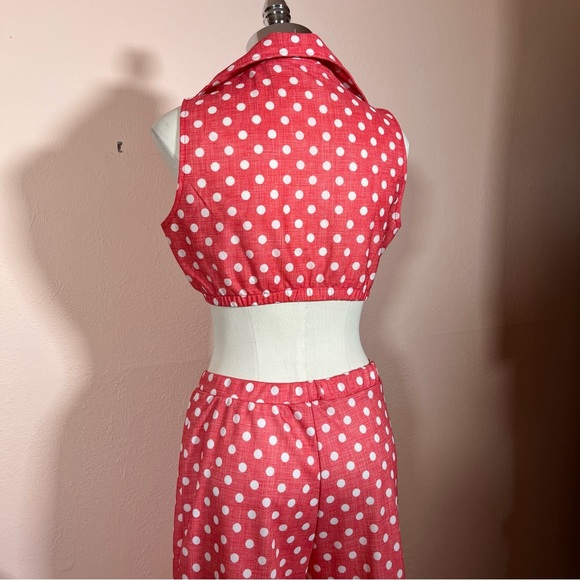 Vintage 1970 Mod Retro Deco Pink Polka dotted Crop top High waisted Pant Suit - Picture 10 of 17
